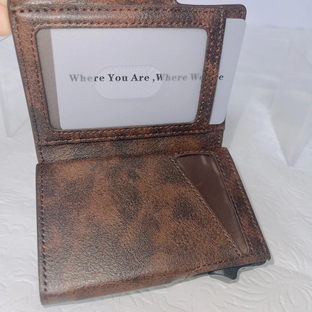 Mens Pop Up AirTag Wallet OS Brown Distressed RFID Trifold Slim